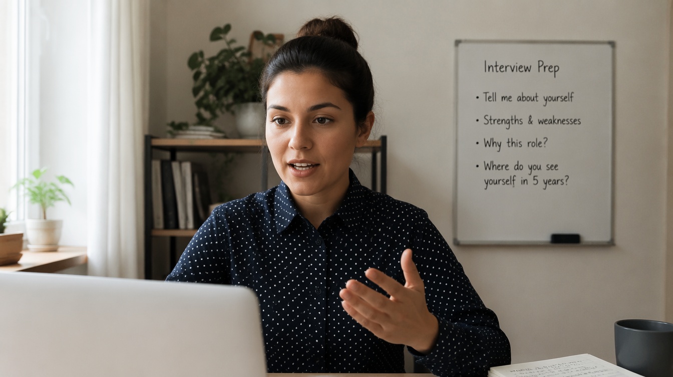 Person rehearsing interview answers at a desk