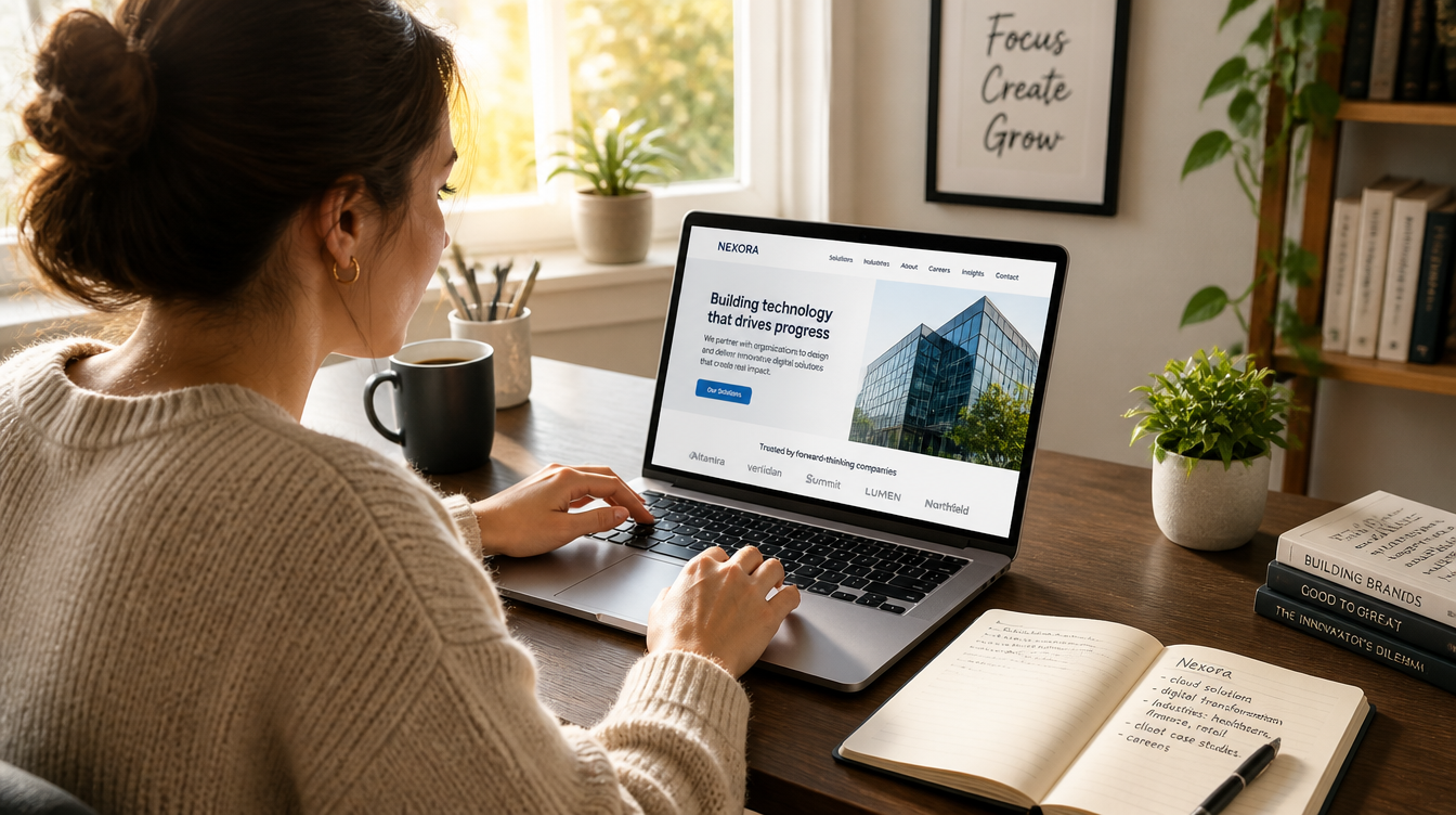 Person researching a company independently on a laptop