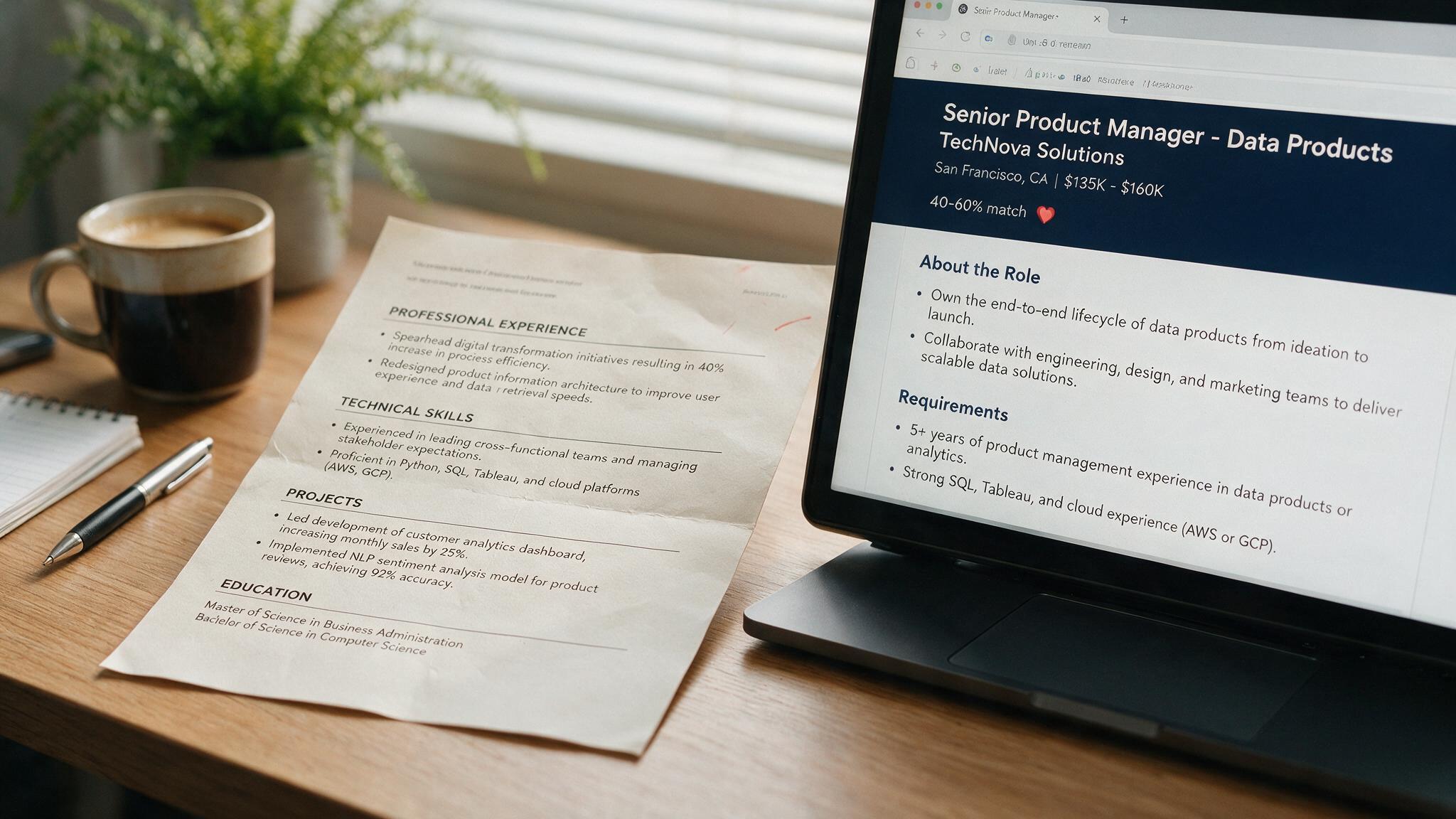 Résumé printout next to a job posting for comparison