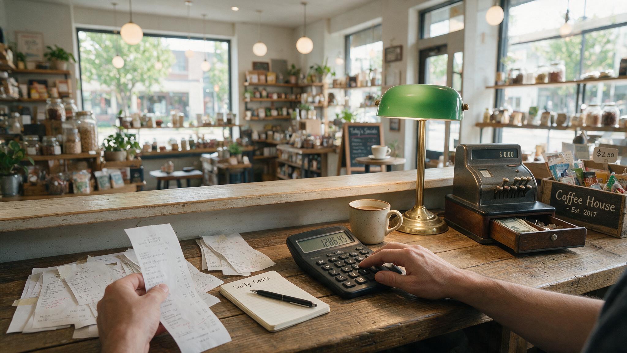 Small business owner calculating pricing and costs with a calculator and receipts
