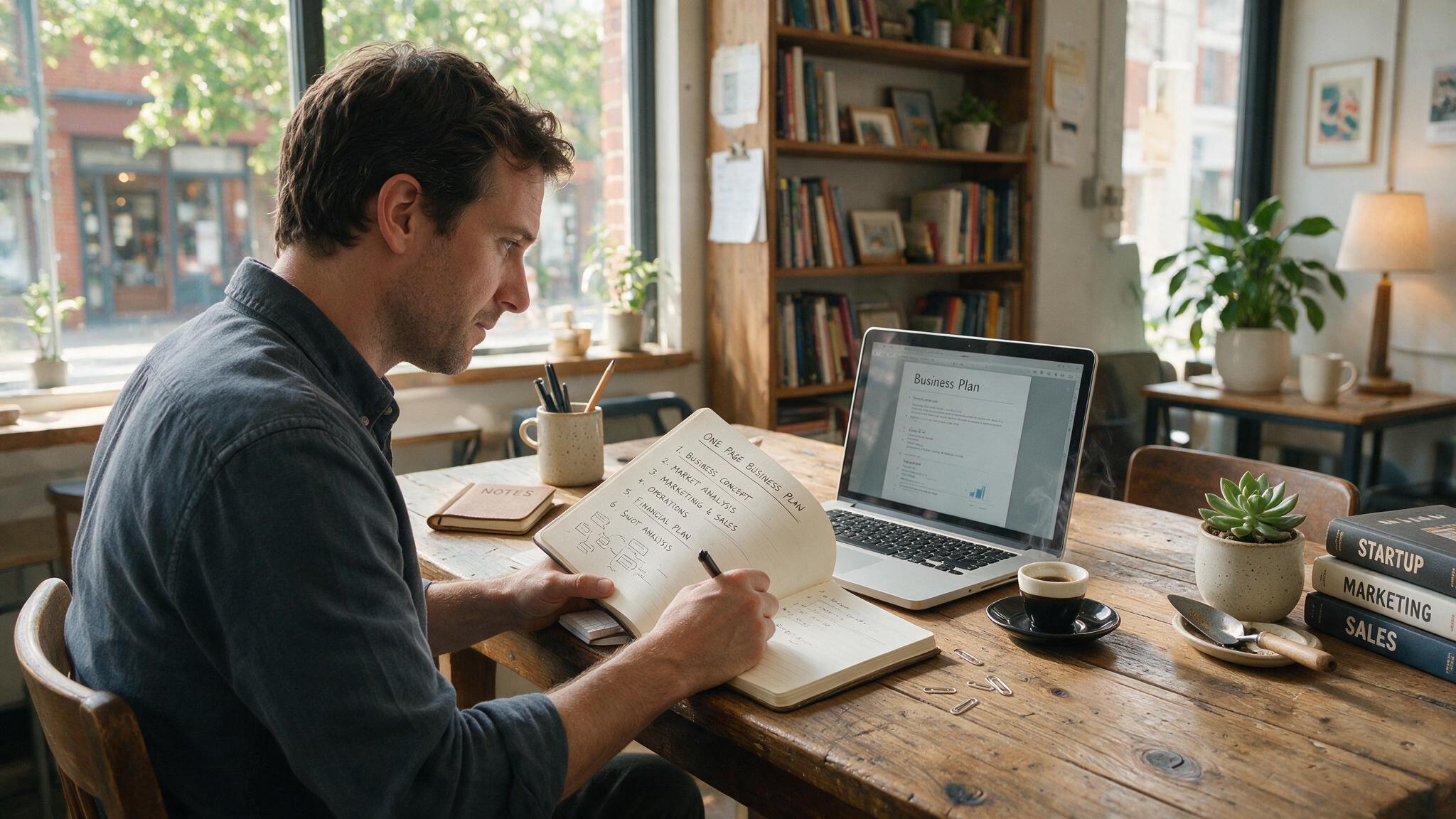 Small business owner writing a business plan in a notebook at a desk