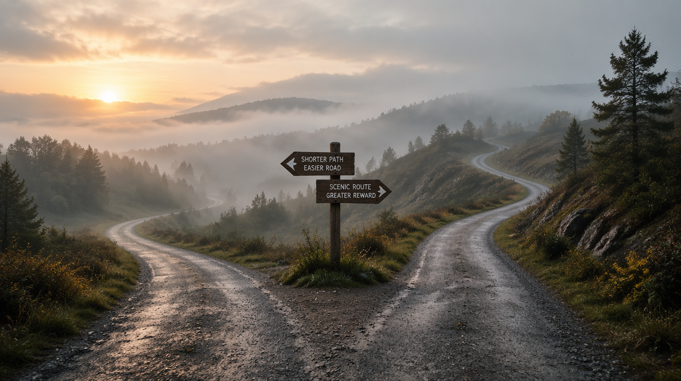 Winding road with a fork, symbolizing business risk and decision-making