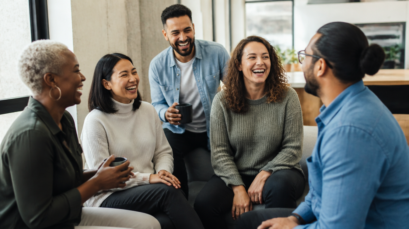 A diverse group of coworkers genuinely laughing together during an informal break