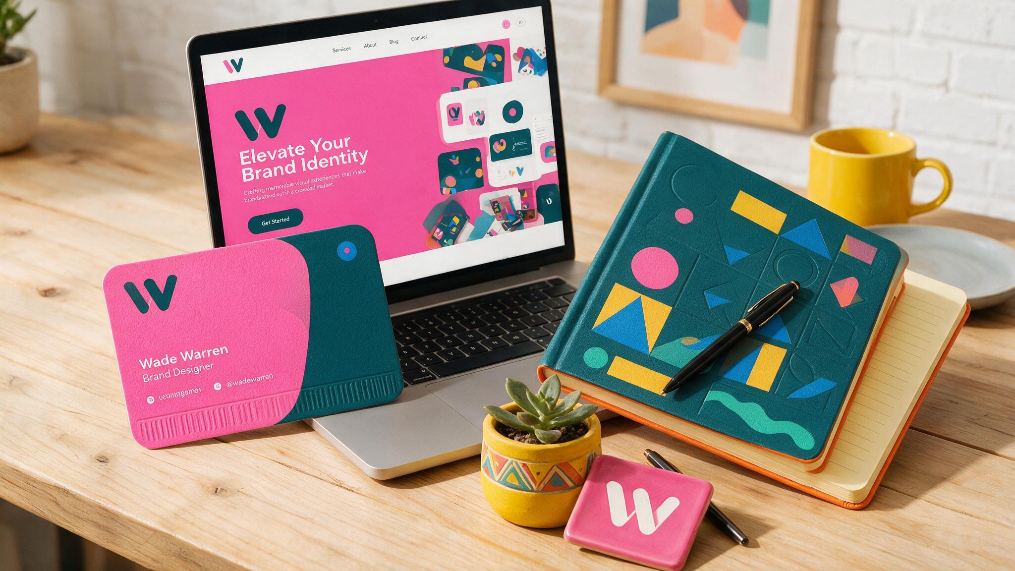 Consistent branded materials including business card, website, and design elements laid out together