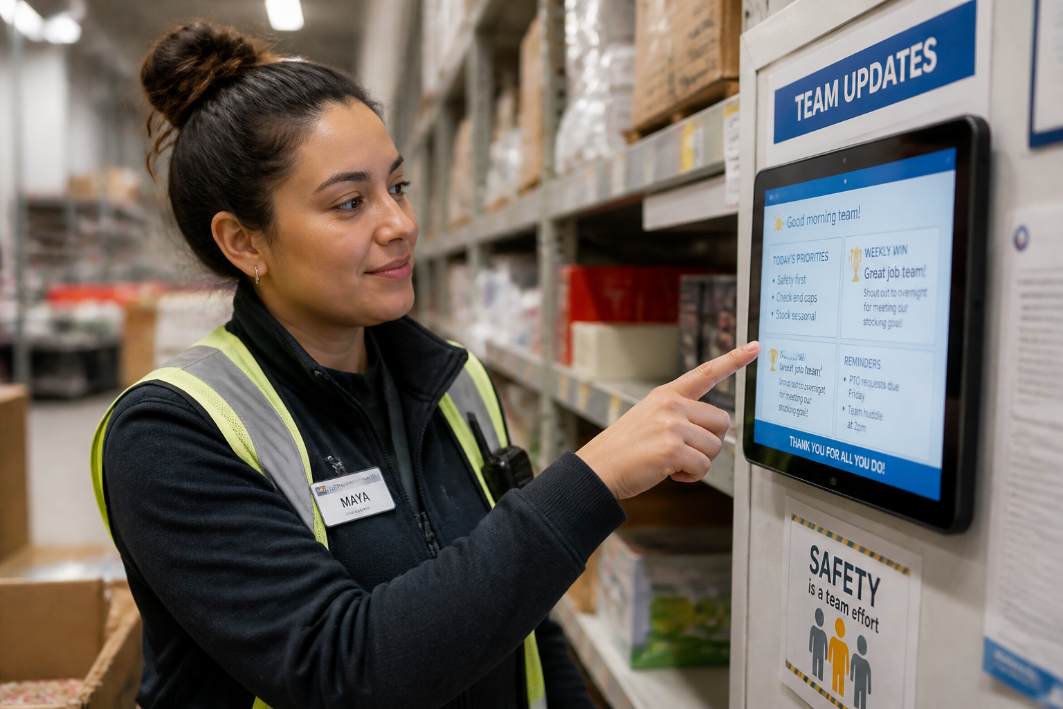 Frontline worker checking a shared information board in a warehouse setting