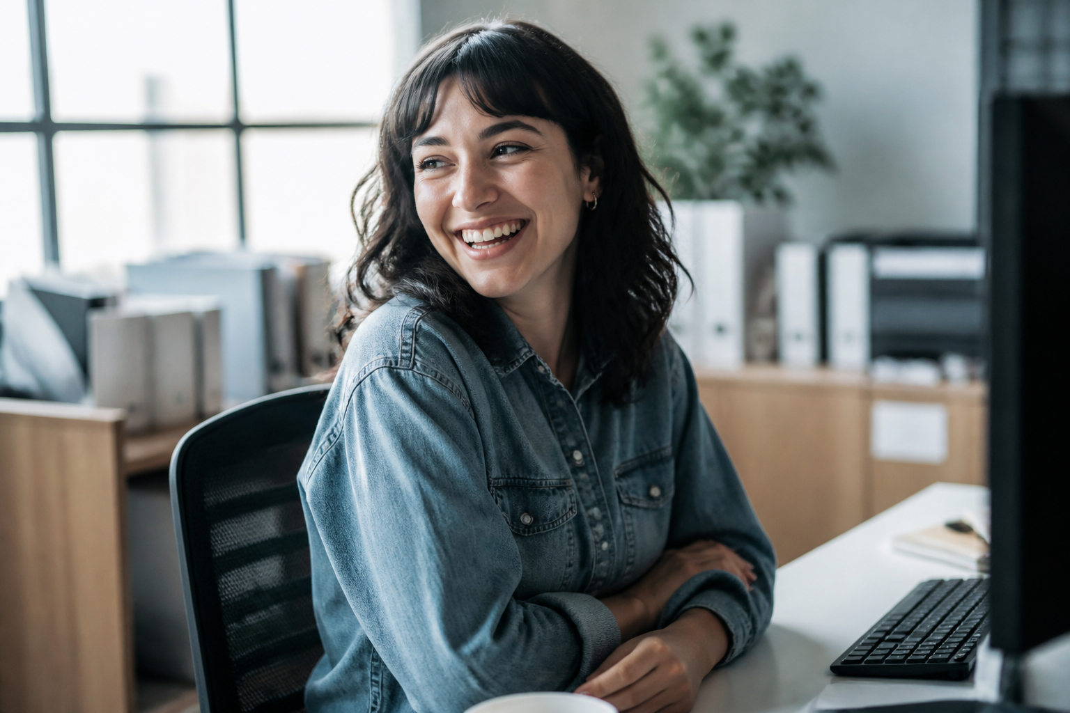 A genuinely happy employee working at their desk