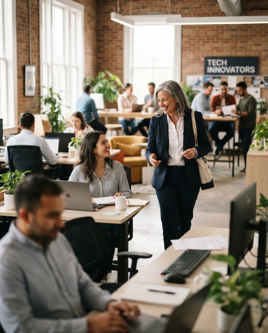 A leader walking through an open office genuinely engaging with employees