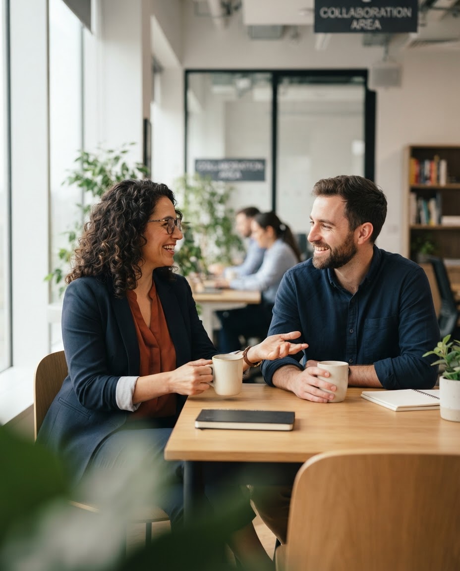 A manager and employee having a warm, supportive conversation