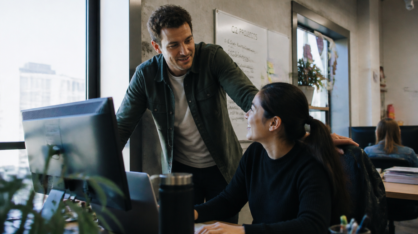 Manager giving genuine, specific recognition to an employee in the workplace