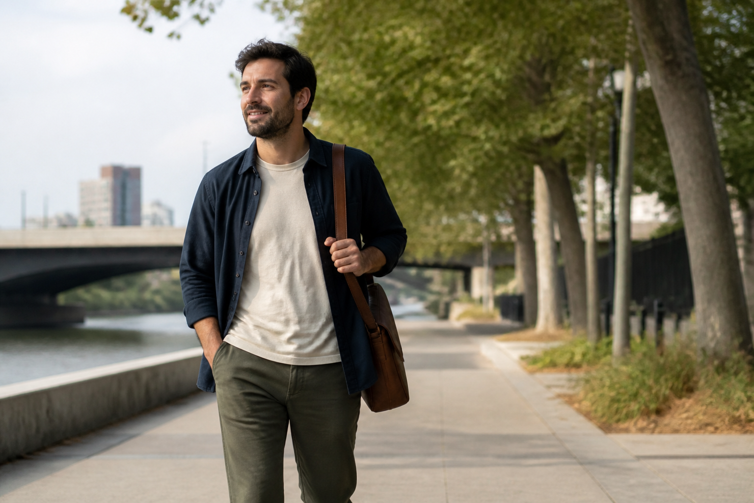A remote employee taking a walk outside with a laptop bag during a workday break