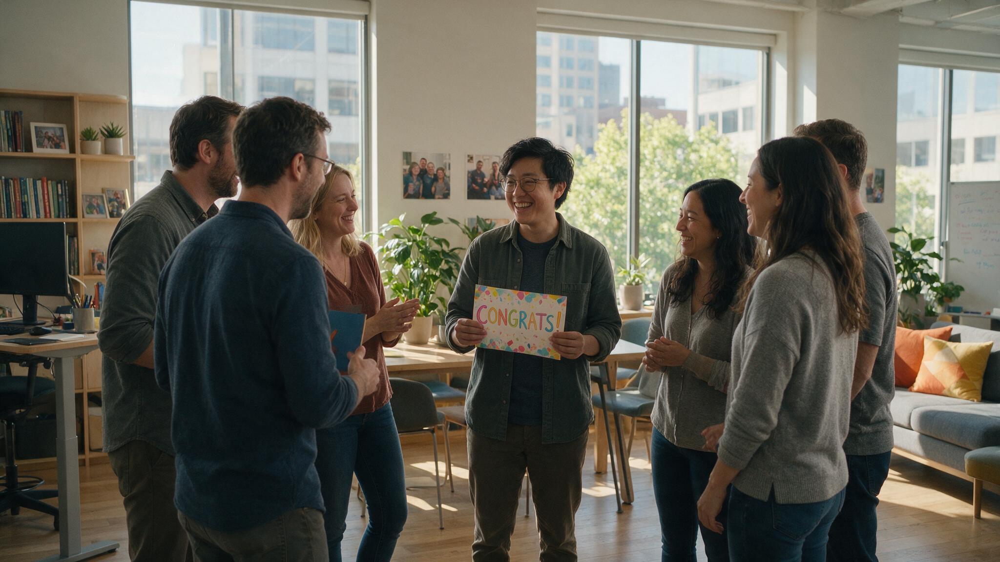 Small team celebrating a colleague during a team meeting