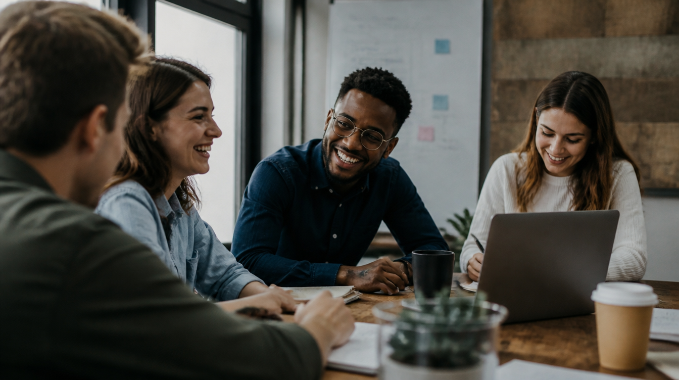 A team collaborating naturally around a table with genuine relaxed energy