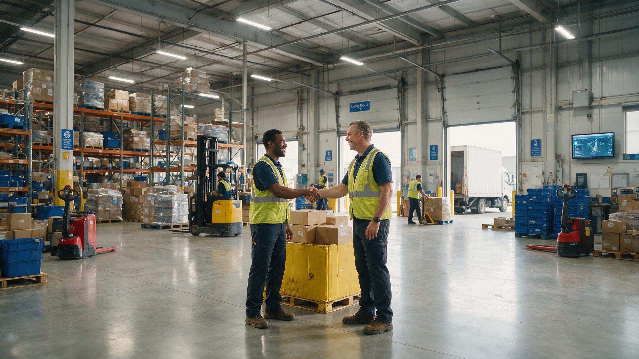 Frontline or warehouse worker receiving recognition from a supervisor