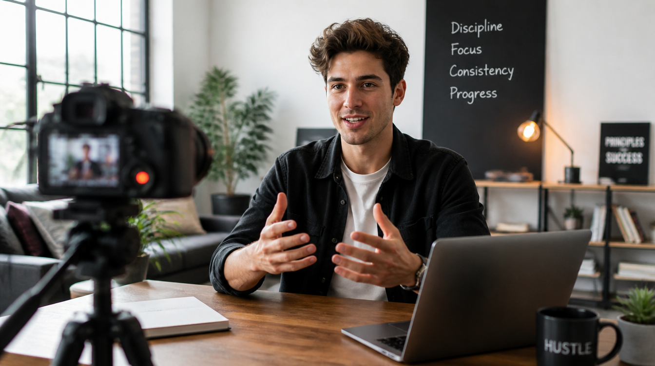 Self-employed professional creating content or explaining their expertise, such as filming a video or writing