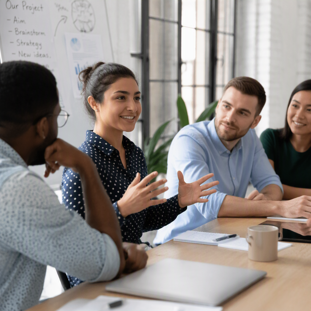 An employee confidently sharing an idea during a team meeting while colleagues listen