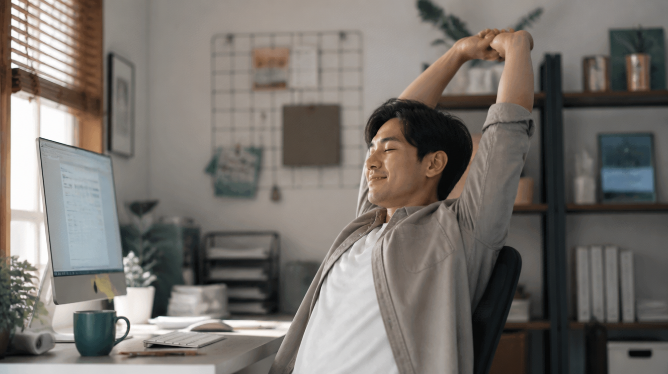 An employee taking a genuine calm break at their desk
