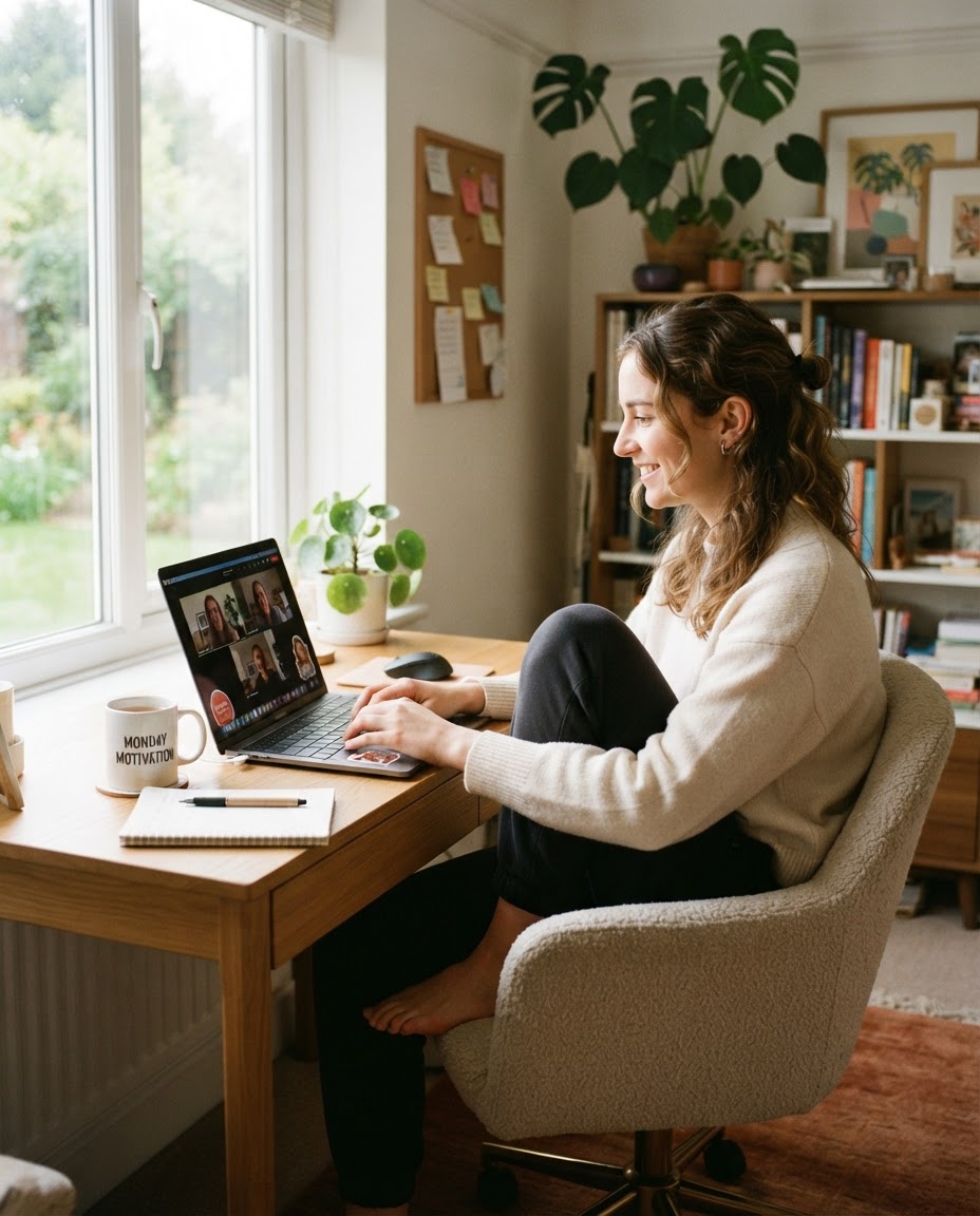 An employee working flexibly from a bright home office