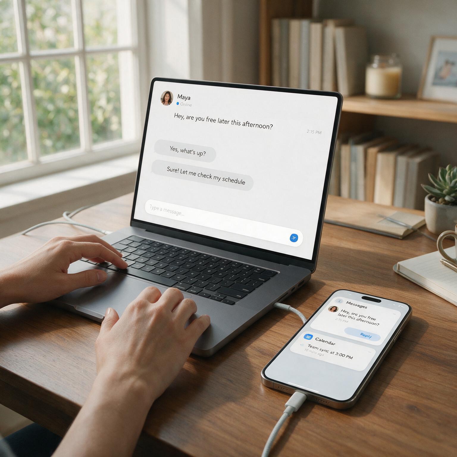 Person checking multiple communication channels on a laptop and phone