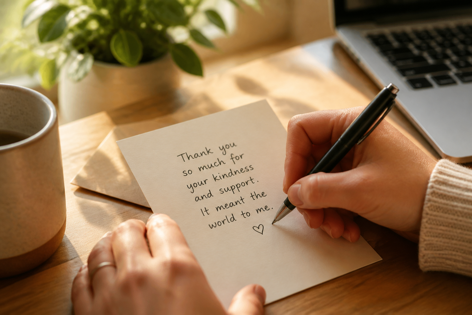 Hands writing a handwritten thank-you note at a desk