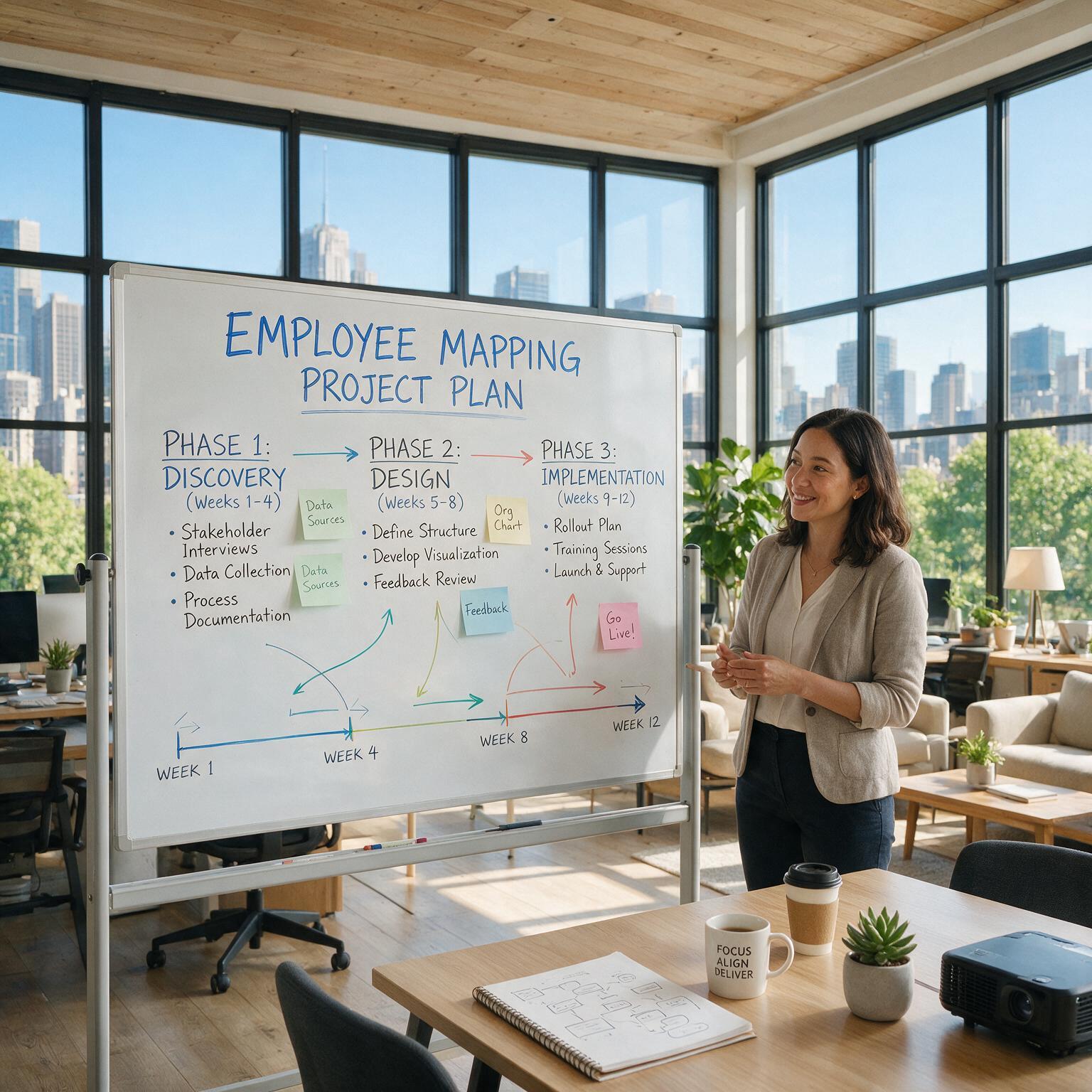 Confident employee working independently at a whiteboard with a supportive leader nearby