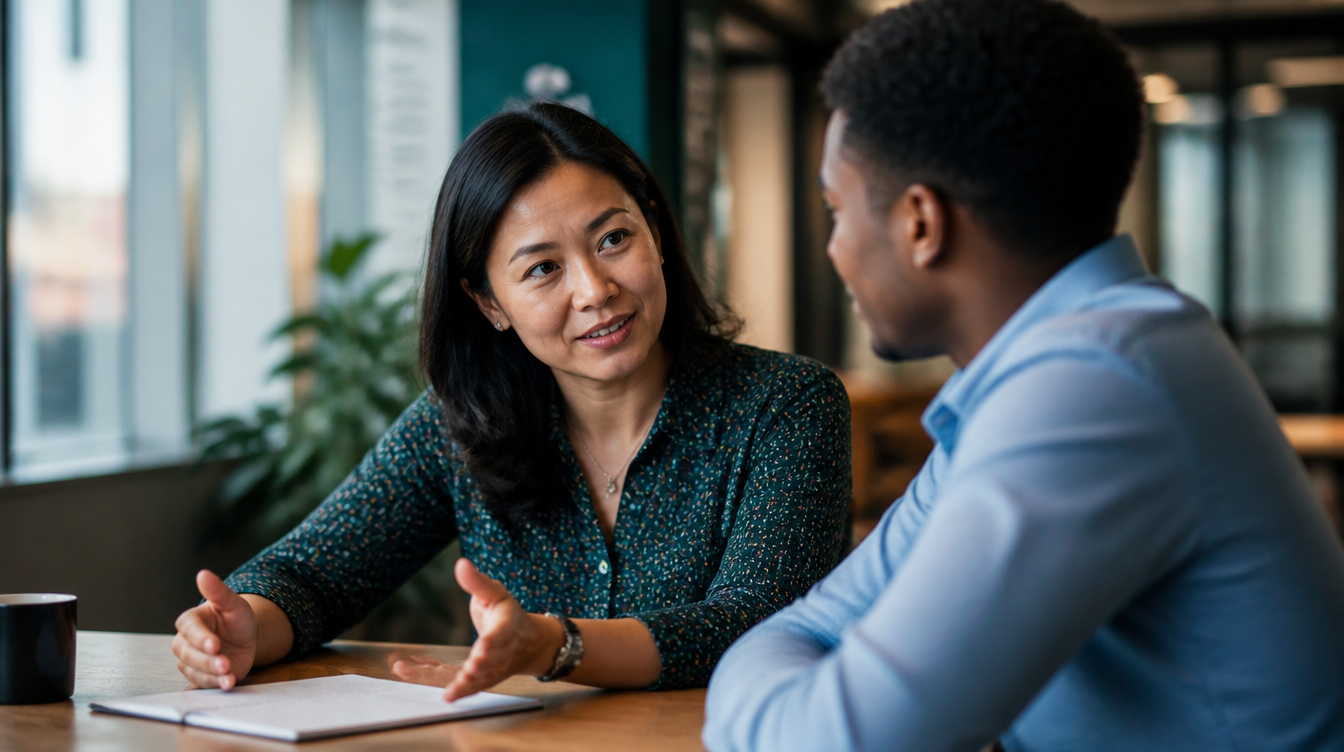 Team leader having a genuine, engaged one-on-one conversation with an employee