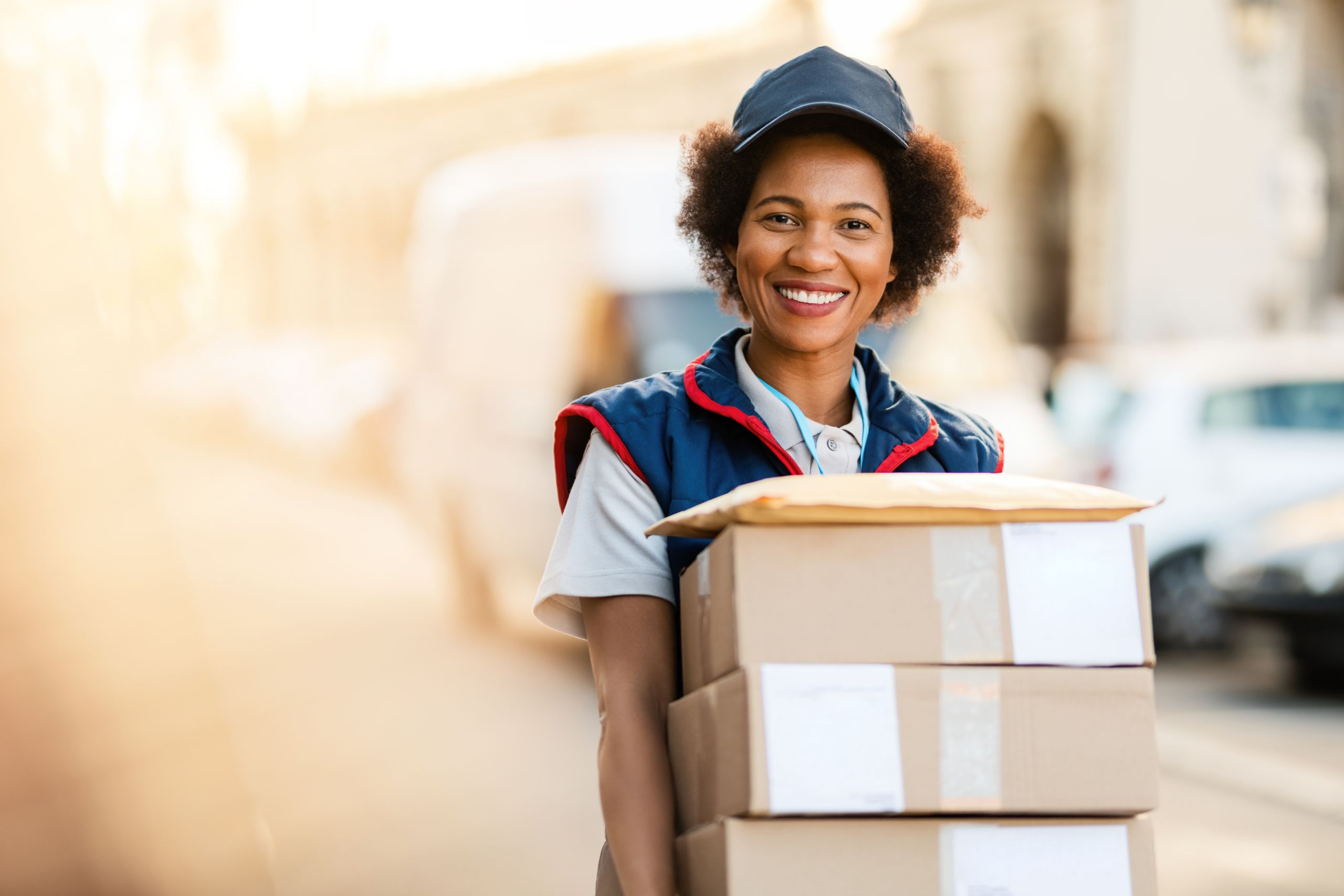 Smiling delivery courier holding packages, representing delivery driver jobs at the Brampton hiring event